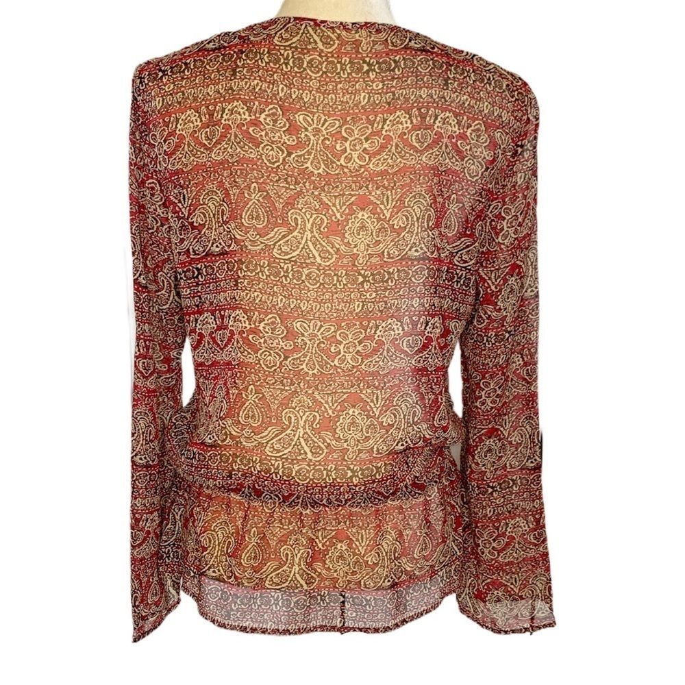 Womens Top Sheer Multicolored Henley V Neck Tie Large - Picture 2 of 6